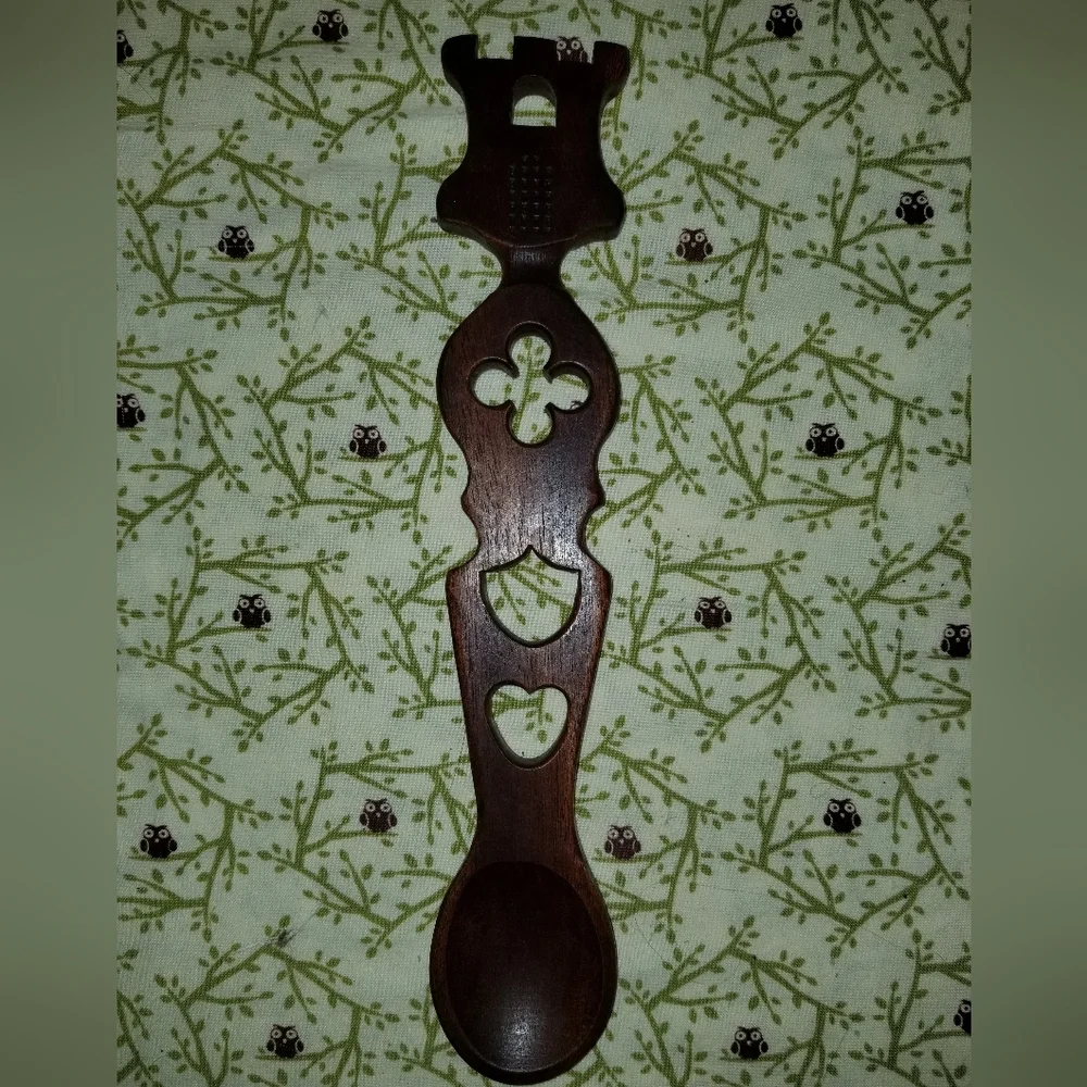 Welsh Wooden Lovespoon with Castle Flower Cut Out Shield Heart Love Spoon